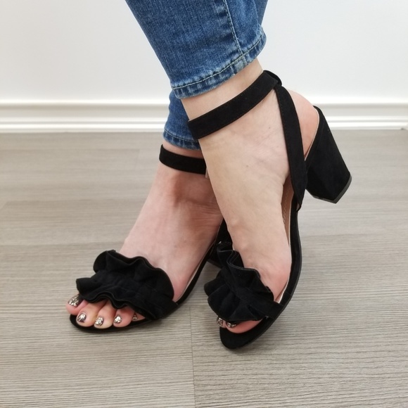 Suede Black Chunky Heel Open Ruffle Toe Sandal-ee - Picture 8 of 8